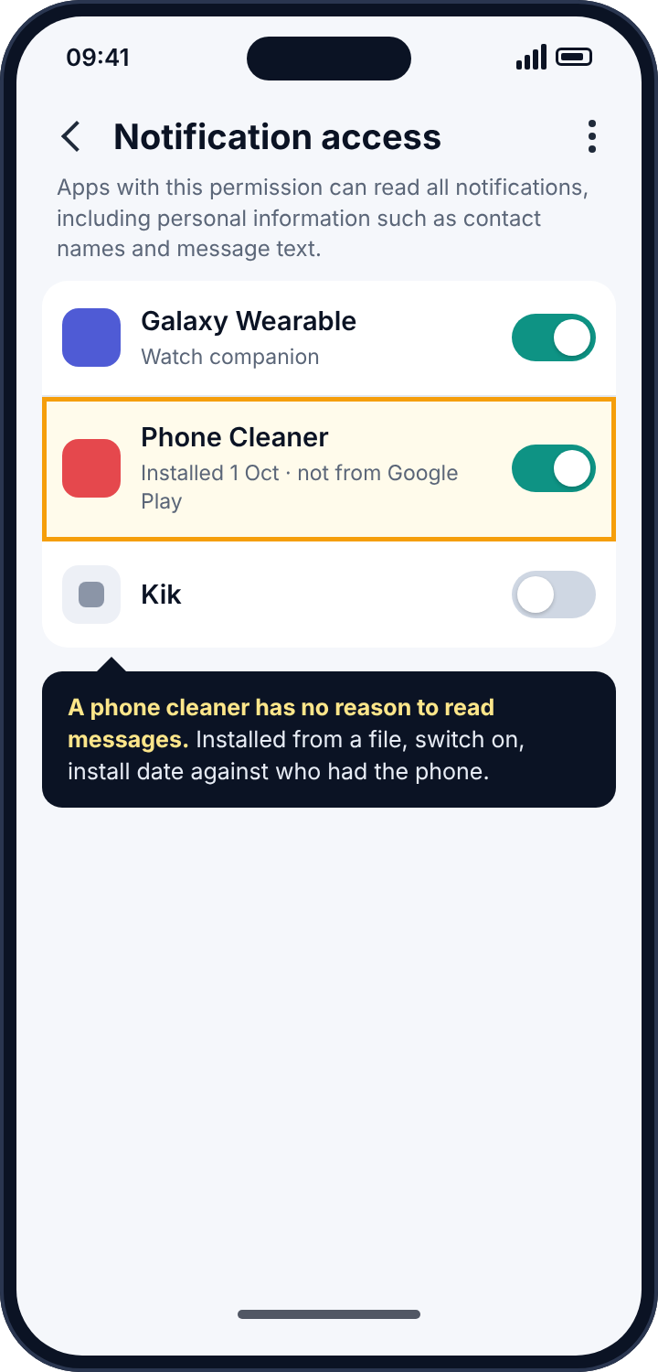 Android's Notification access screen with an app named Phone Cleaner switched on and highlighted