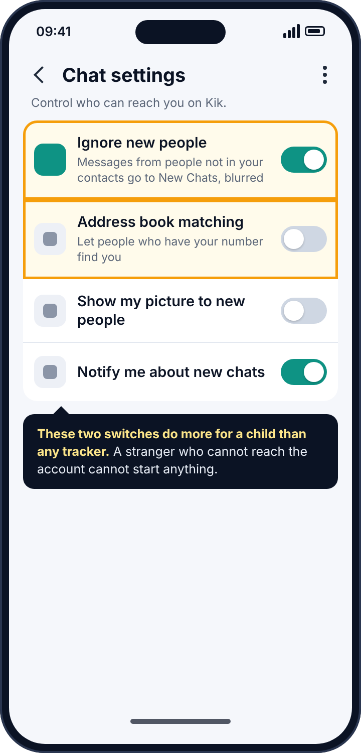 Kik's chat settings with Ignore new people switched on and Address book matching switched off