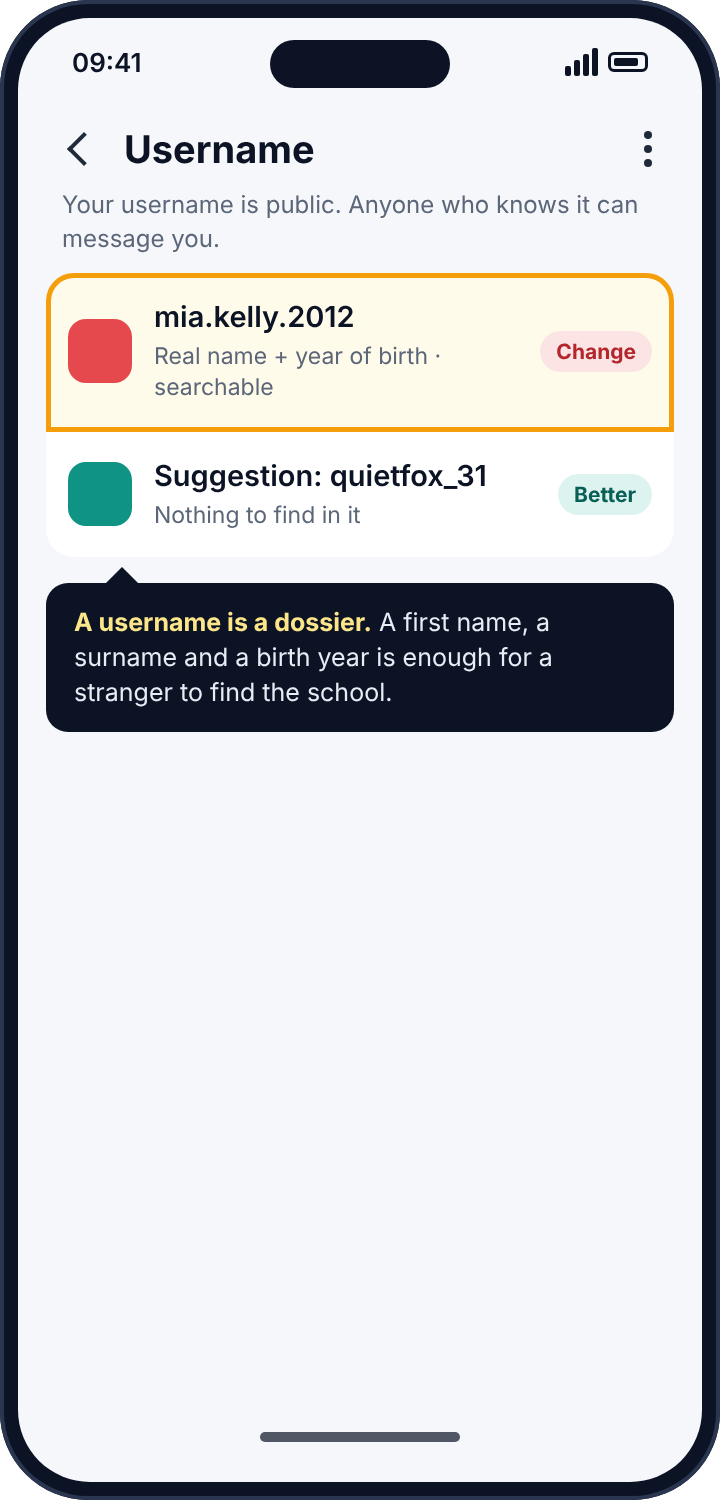 Kik's username setting showing a username built from a real name and birth year flagged, with a neutral alternative suggested
