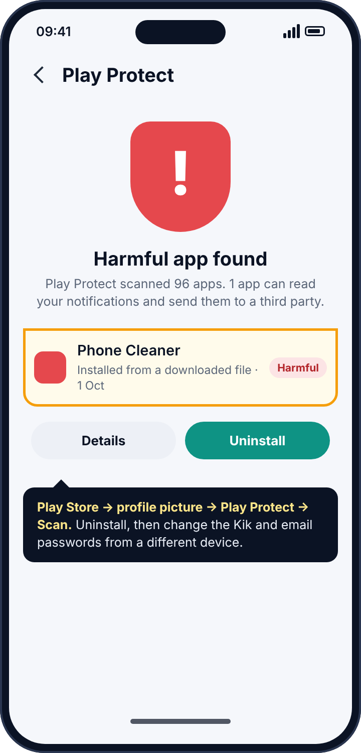 Google Play Protect scan result reporting one harmful app named Phone Cleaner