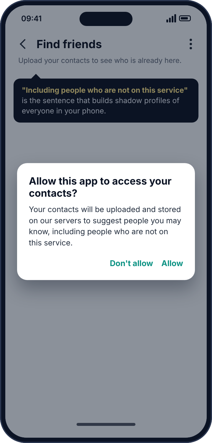 An app's permission dialog asking to upload contacts, noting that this includes people not on the service