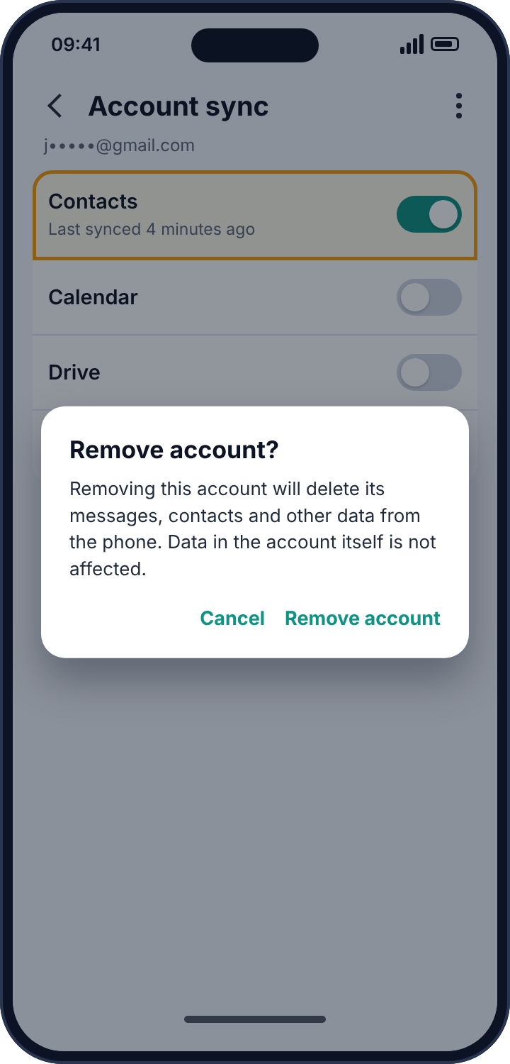 An account's sync settings with Contacts switched on, and a confirmation dialog for removing the account