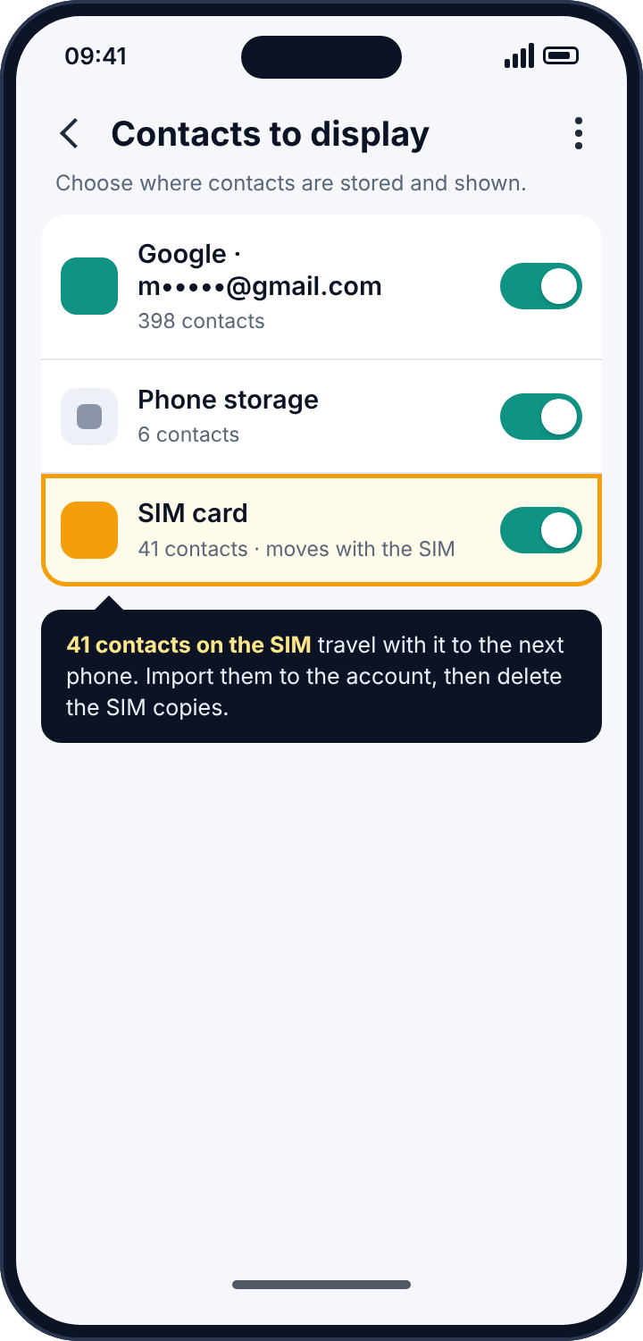 Android's Contacts to display settings showing contacts stored in the Google account, in phone storage, and 41 on the SIM card
