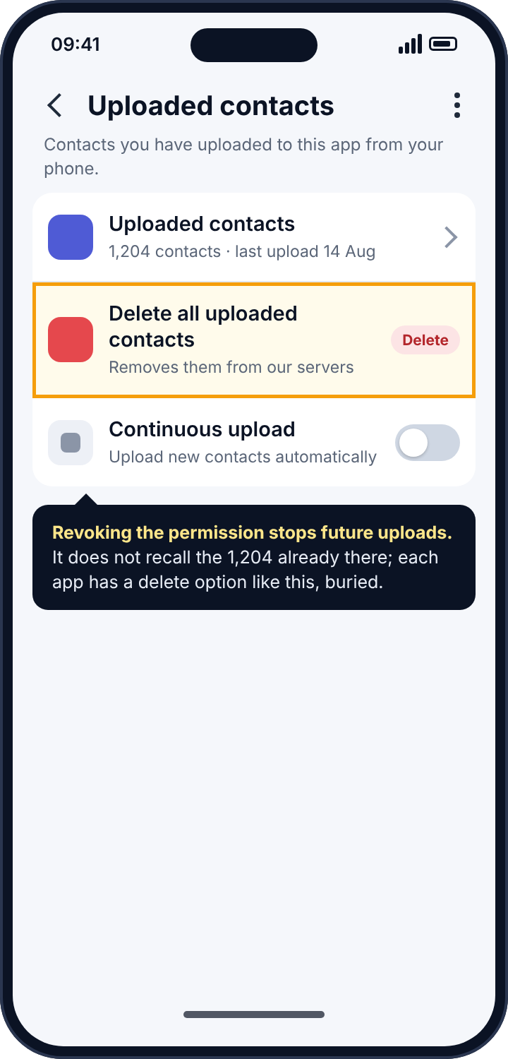 An app's uploaded contacts settings showing over a thousand uploaded contacts and a delete-all option