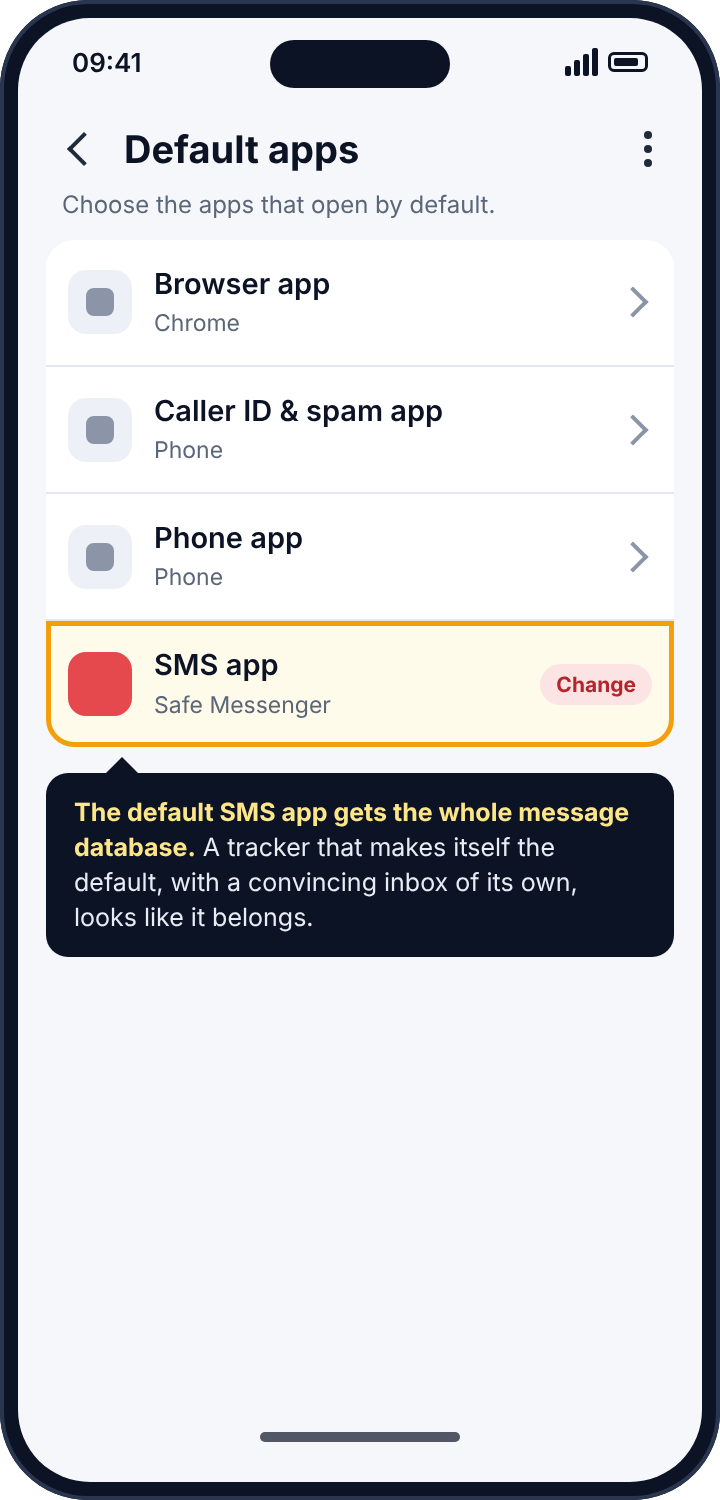 Android's Default apps screen showing an unrecognised app set as the SMS app