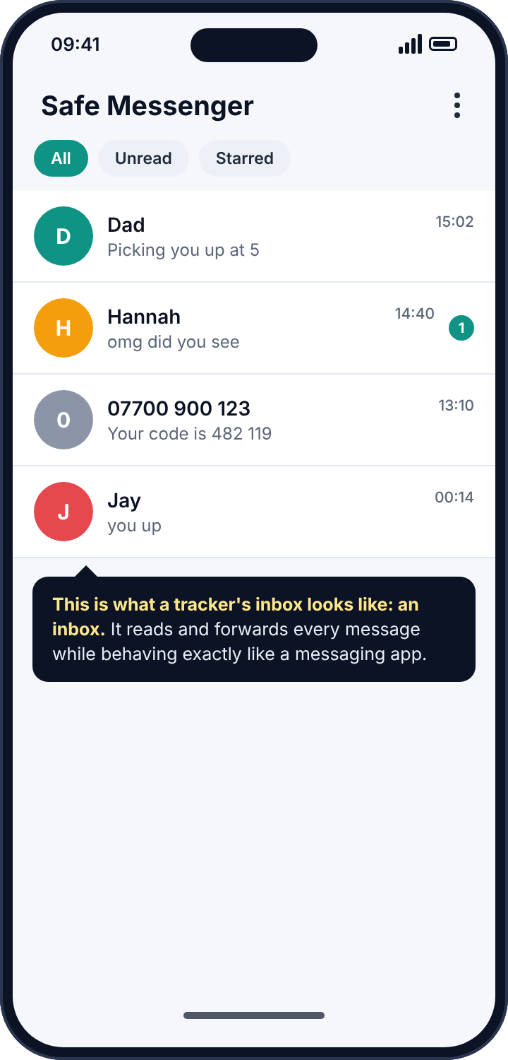 A tracker app disguised as a messaging app, showing an ordinary-looking inbox
