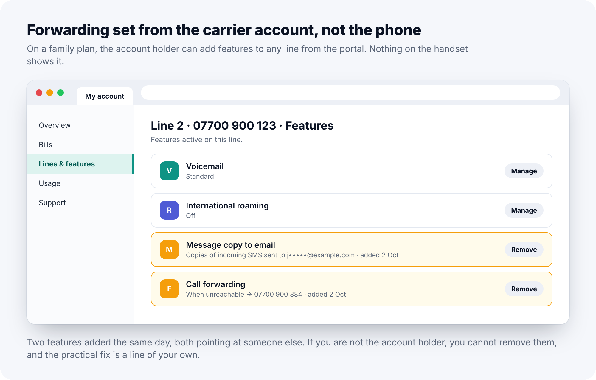 A carrier account portal showing the features active on a line, including message copy to email and call forwarding, both added on the same day