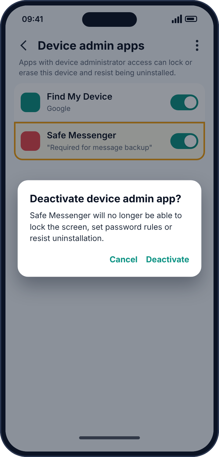 Android's Device admin apps screen with a confirmation dialog for deactivating an unrecognised app