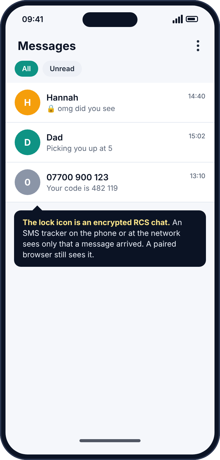 Google Messages chat list with a lock icon on an encrypted RCS conversation