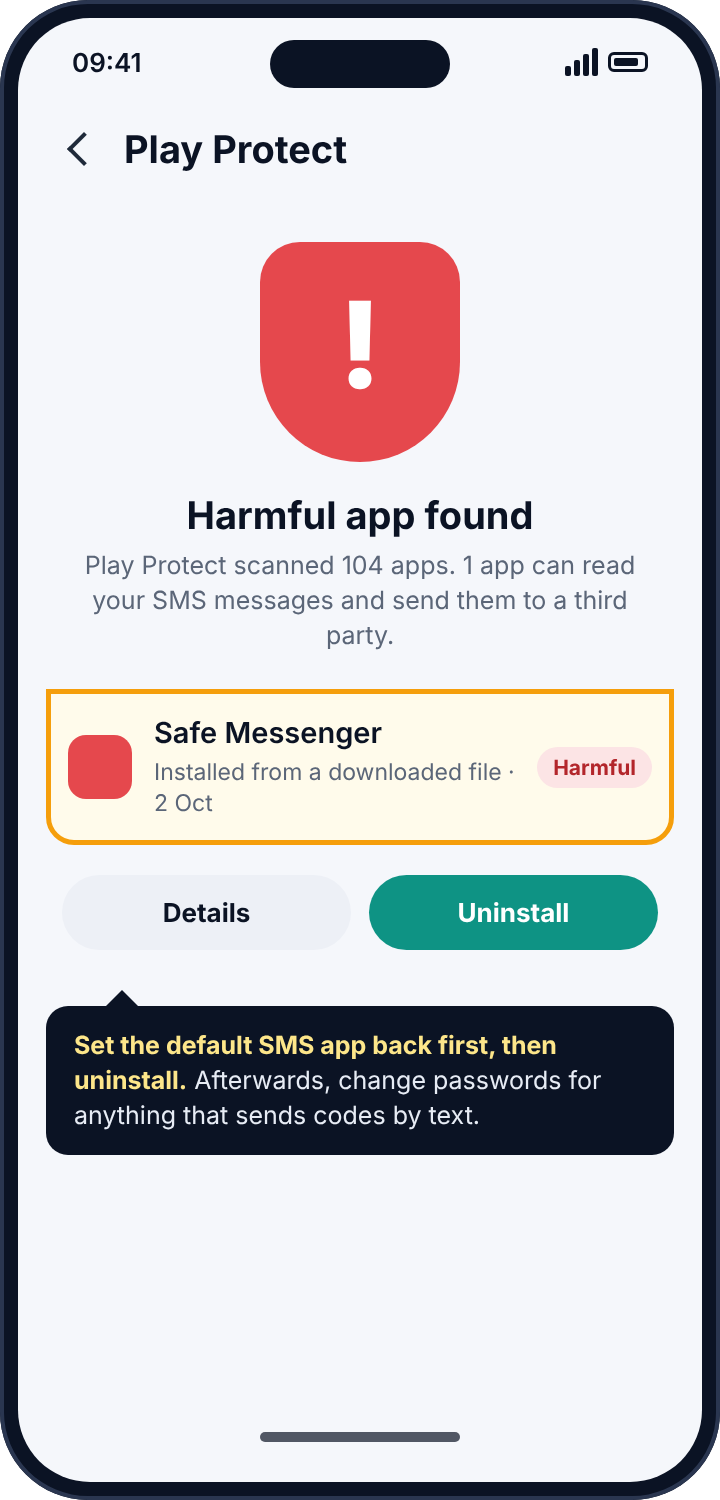 Google Play Protect scan result reporting one harmful app that can read SMS messages