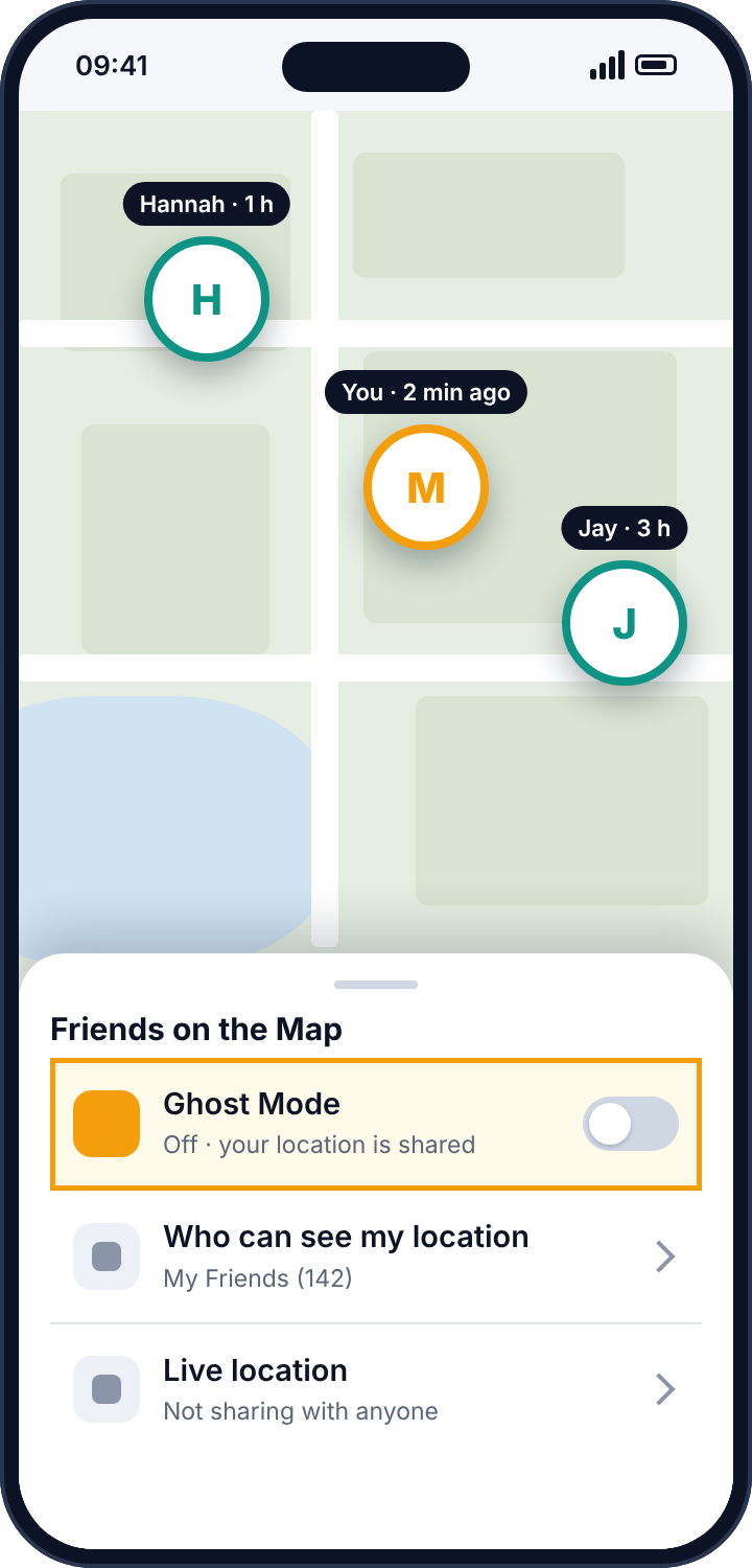 Snap Map showing three friends' positions on a street map, with Ghost Mode switched off in the settings sheet