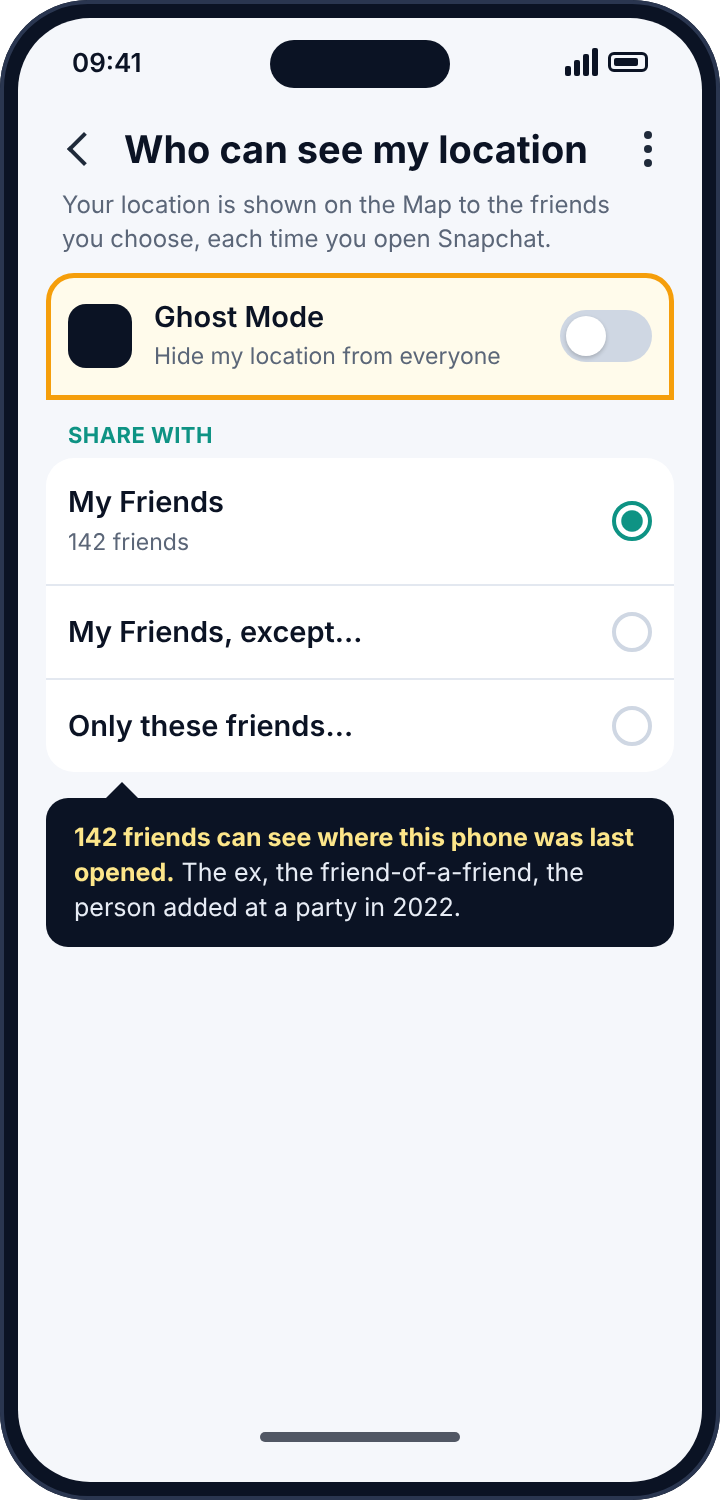 Snapchat's Who can see my location screen with Ghost Mode off and My Friends selected