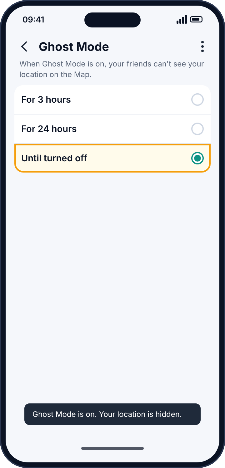 Snapchat's Ghost Mode duration options with Until turned off selected