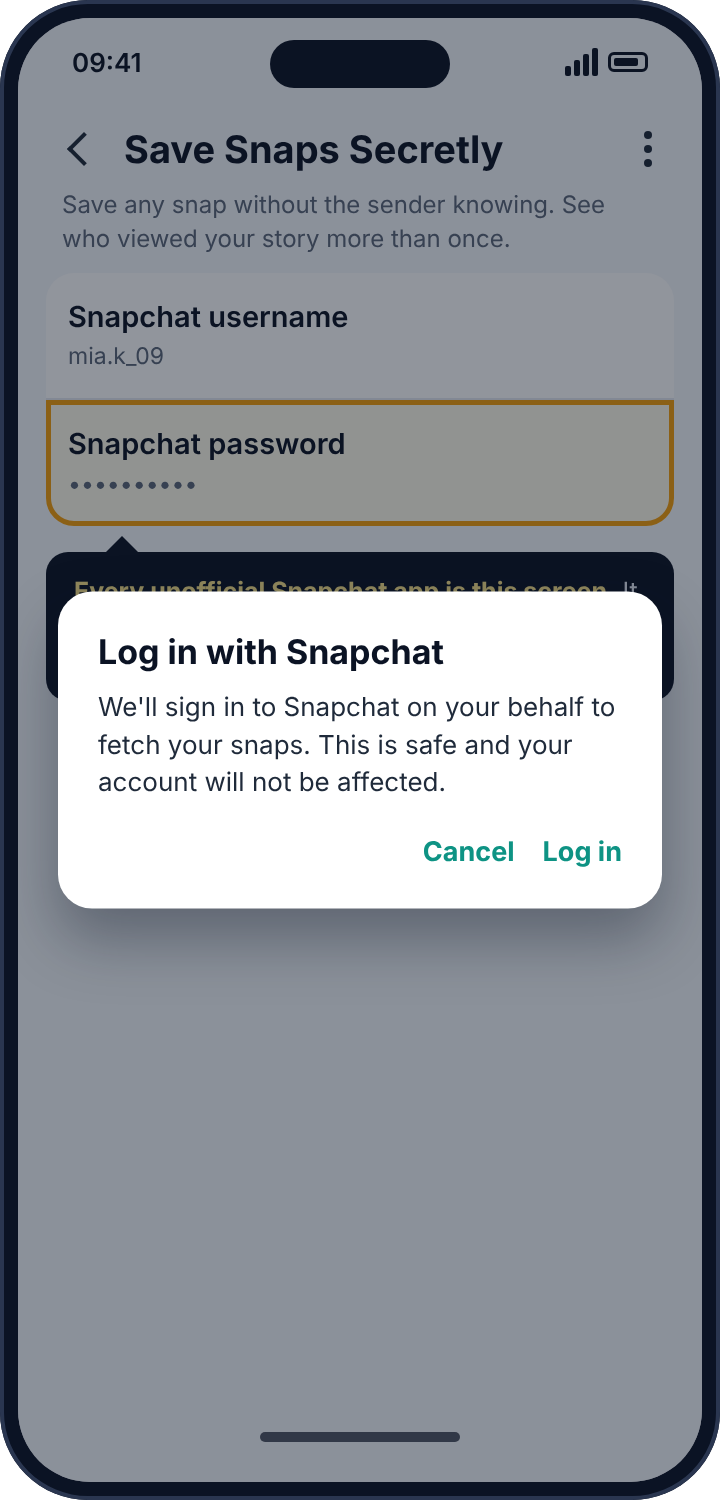 An unofficial Snapchat app asking for a Snapchat username and password, with a dialog promising the login is safe