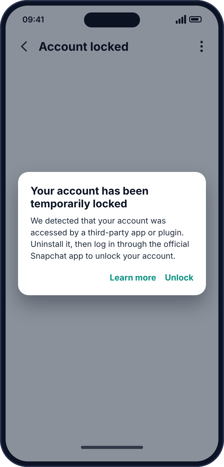 Snapchat's account locked dialog explaining that a third-party app accessed the account