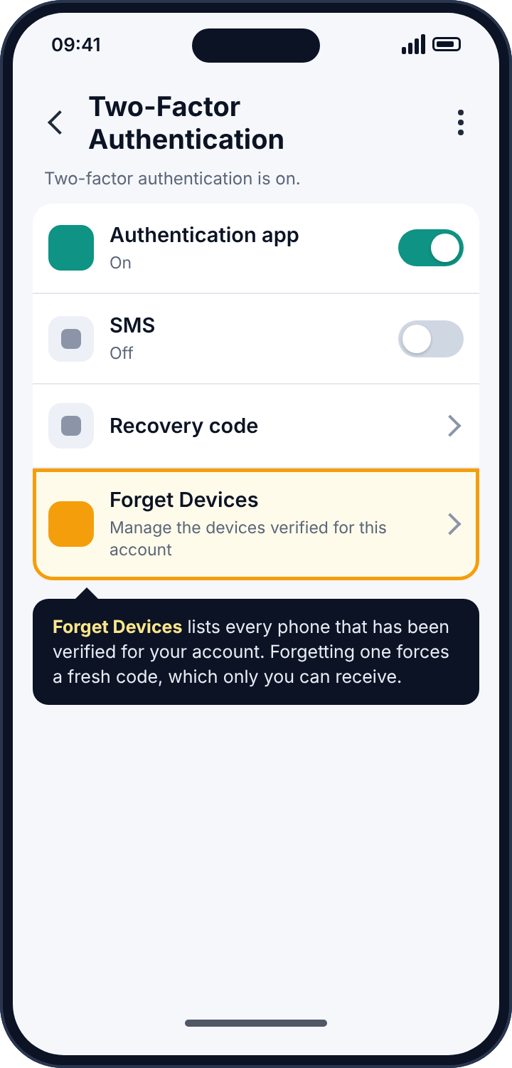 Snapchat's two-factor authentication settings with an authentication app enabled and the Forget Devices option highlighted