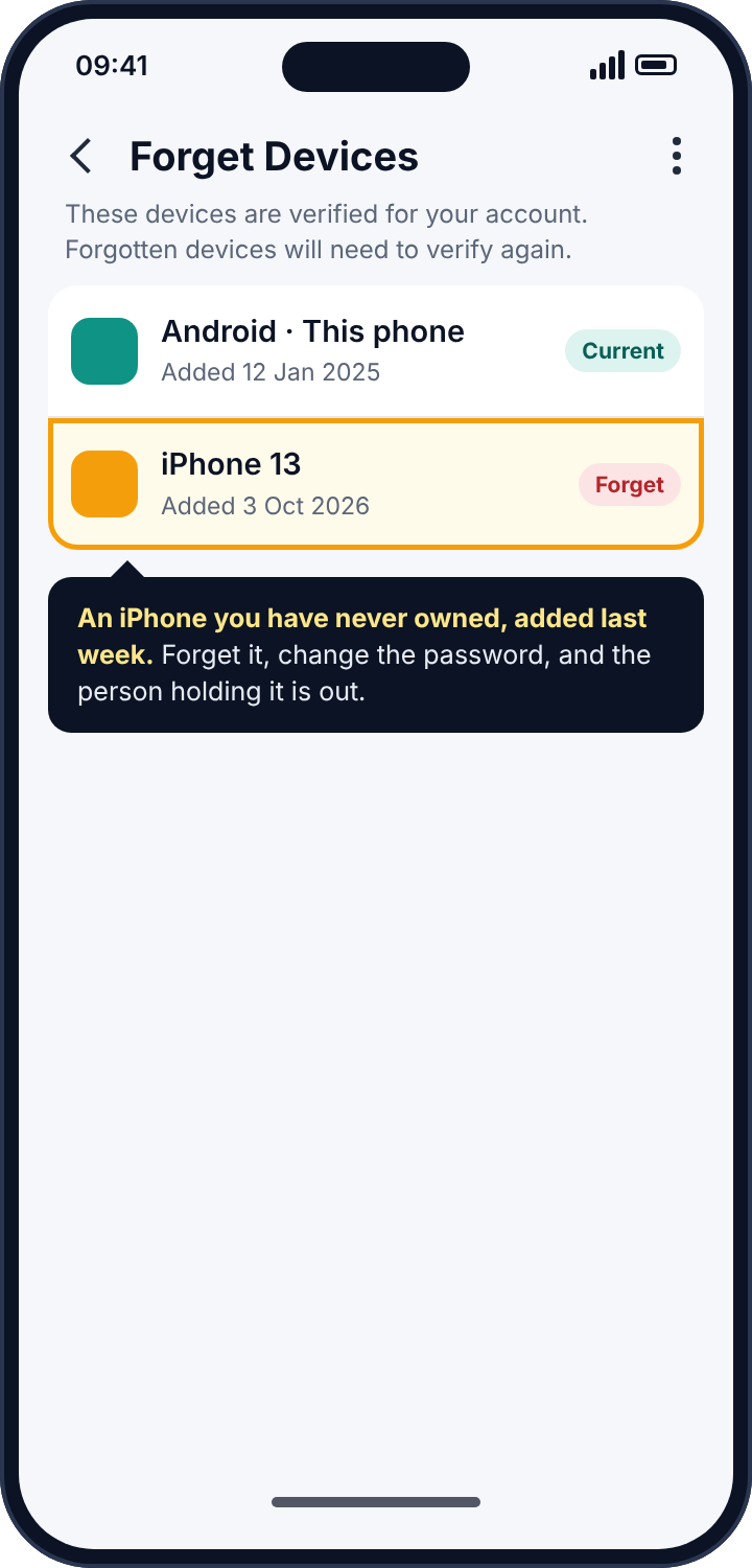 Snapchat's Forget Devices screen listing the current phone and an unrecognised iPhone added recently