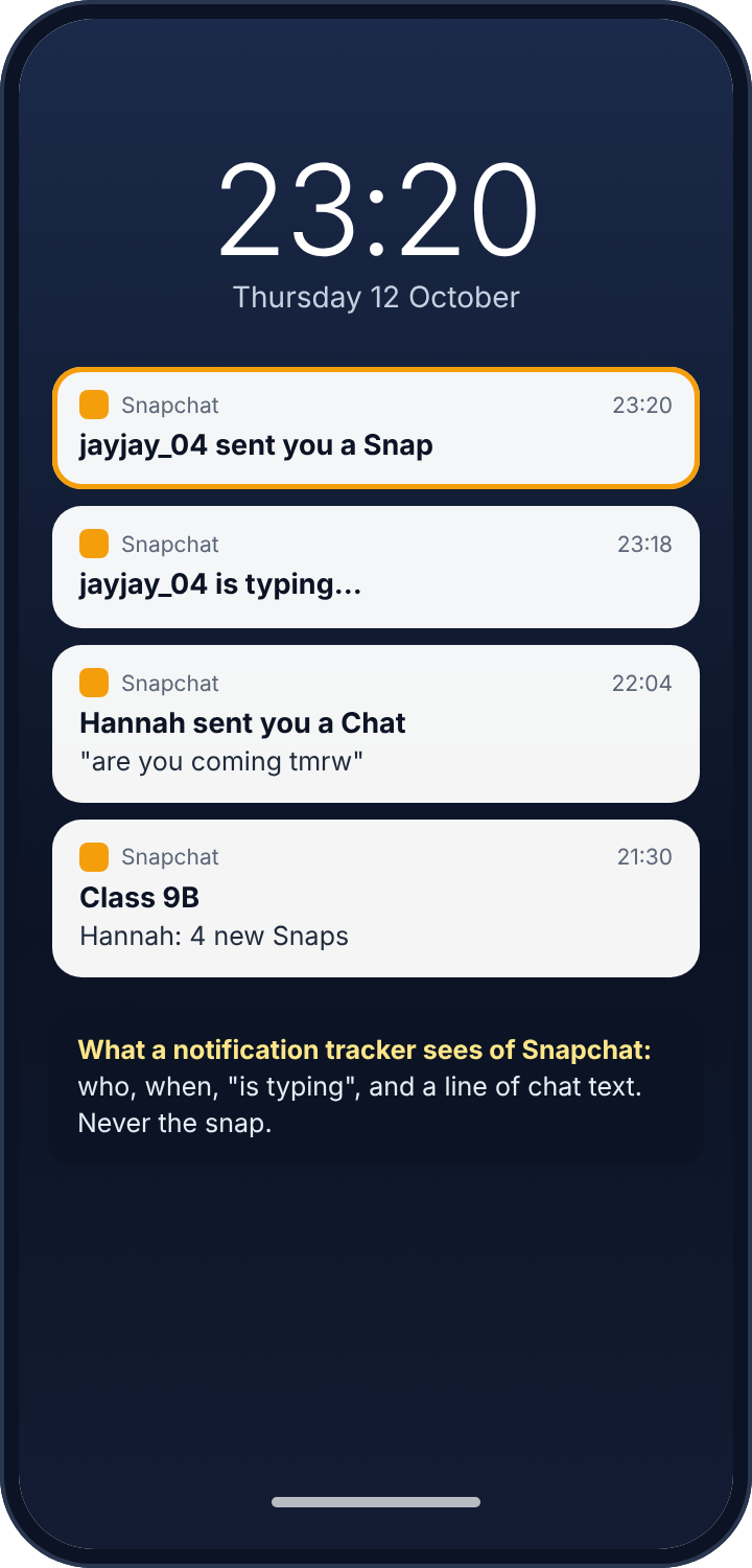 A lock screen showing Snapchat notifications: a snap from a stranger, an is-typing notice, and a chat line