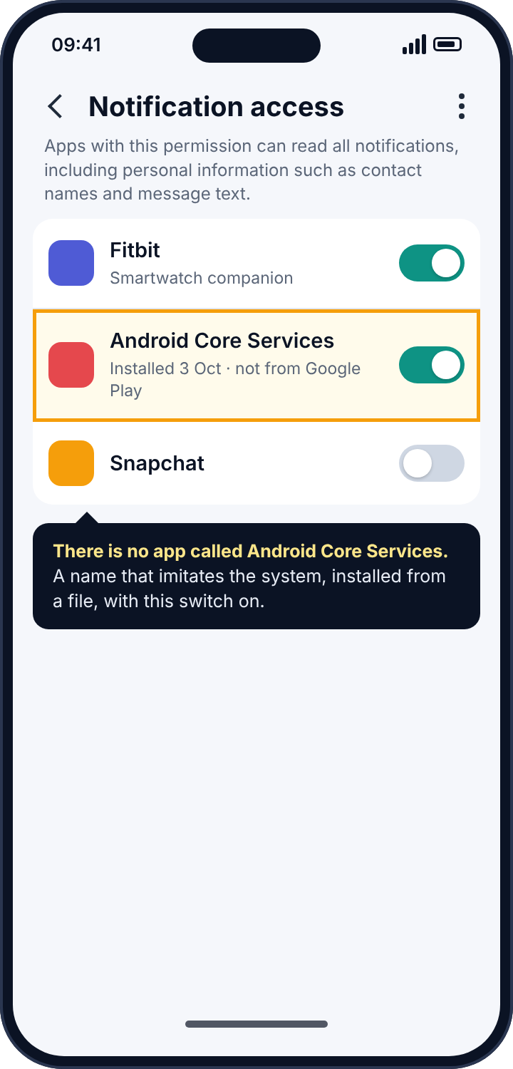 Android's Notification access screen with an unrecognised app named Android Core Services switched on