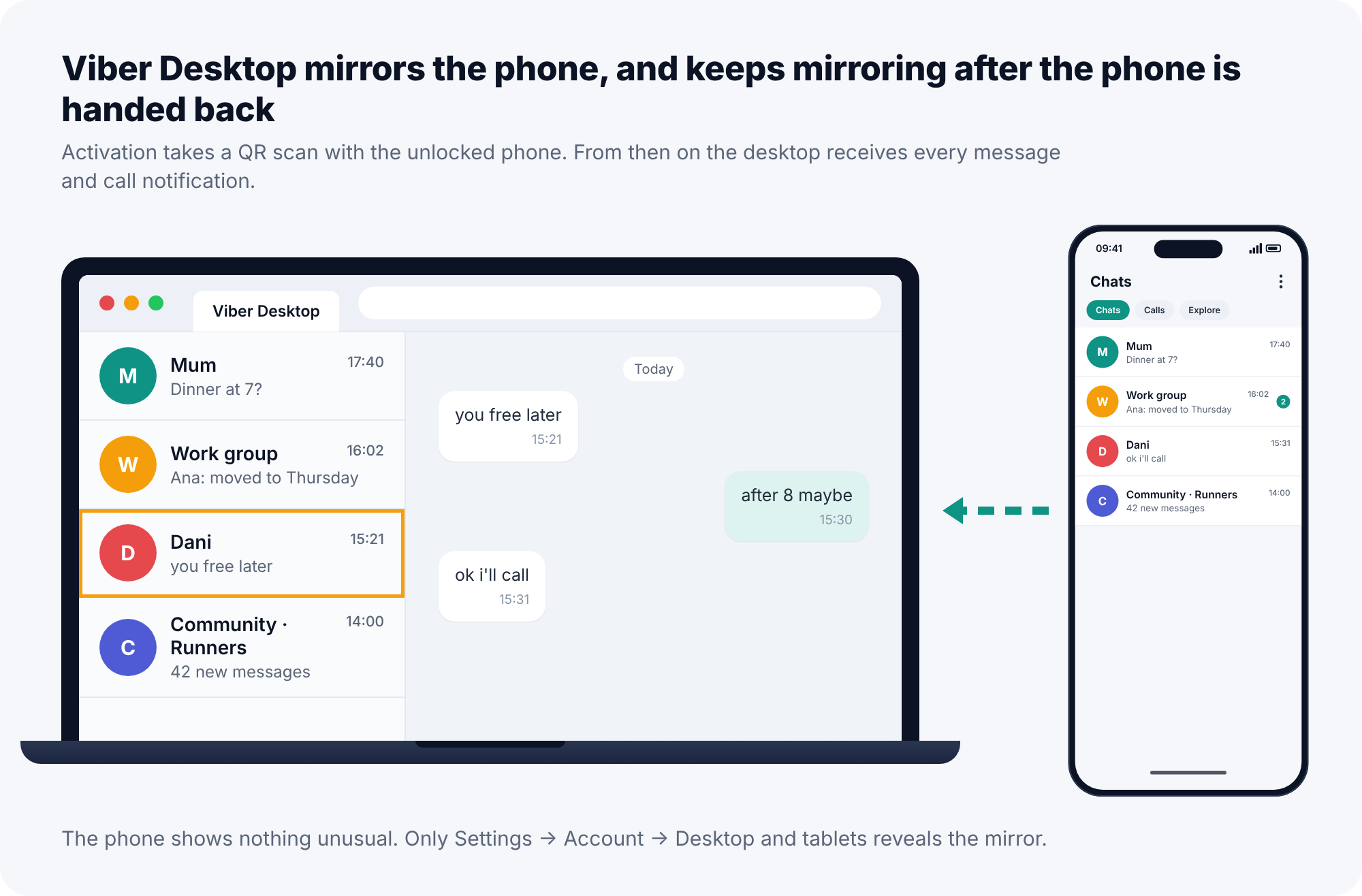 A laptop running Viber Desktop beside a phone, with the same chats mirrored