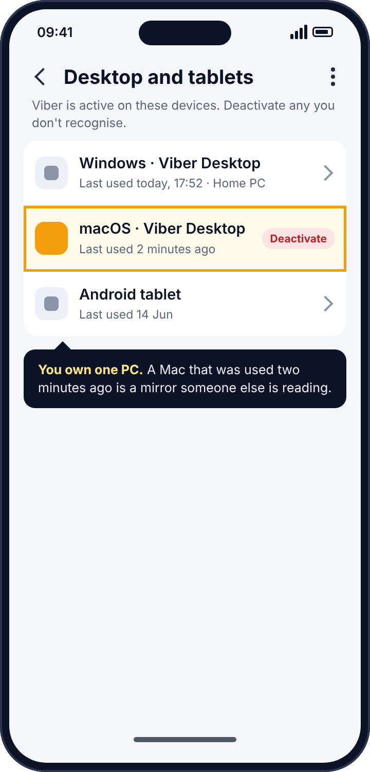 Viber's Desktop and tablets screen listing three devices, one Mac highlighted as used two minutes ago