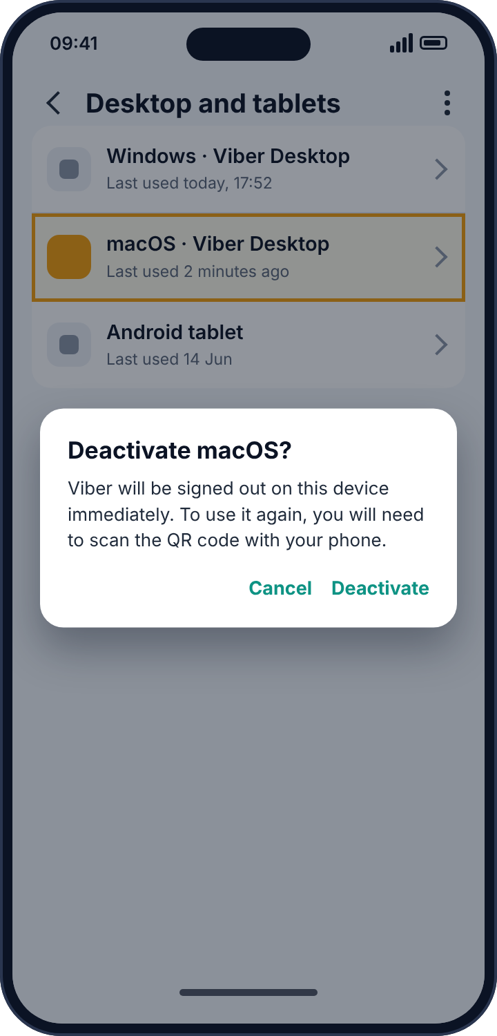 Viber's confirmation dialog for deactivating a desktop device