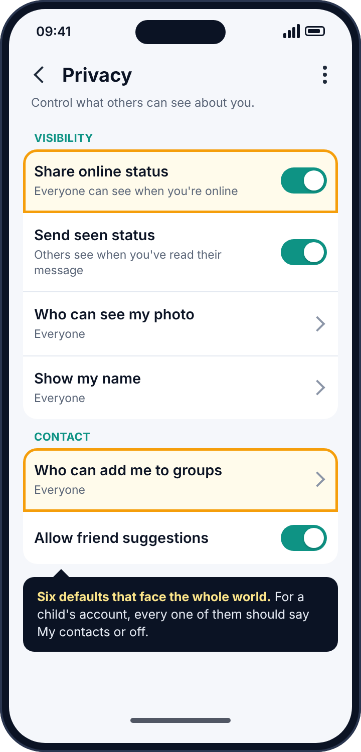 Viber's Privacy settings with online status, photo visibility and group-adding set to Everyone, highlighted