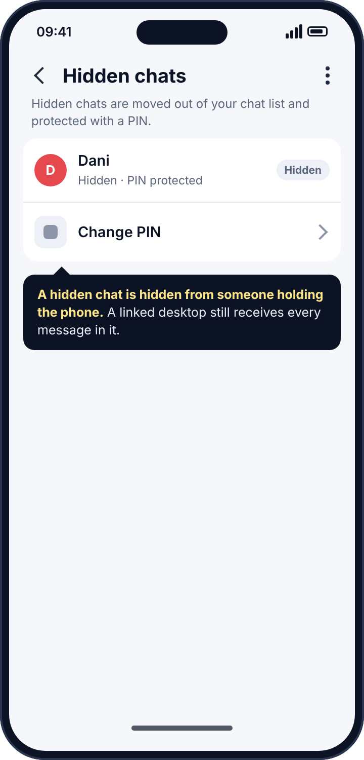 Viber's hidden chats screen showing one PIN-protected chat
