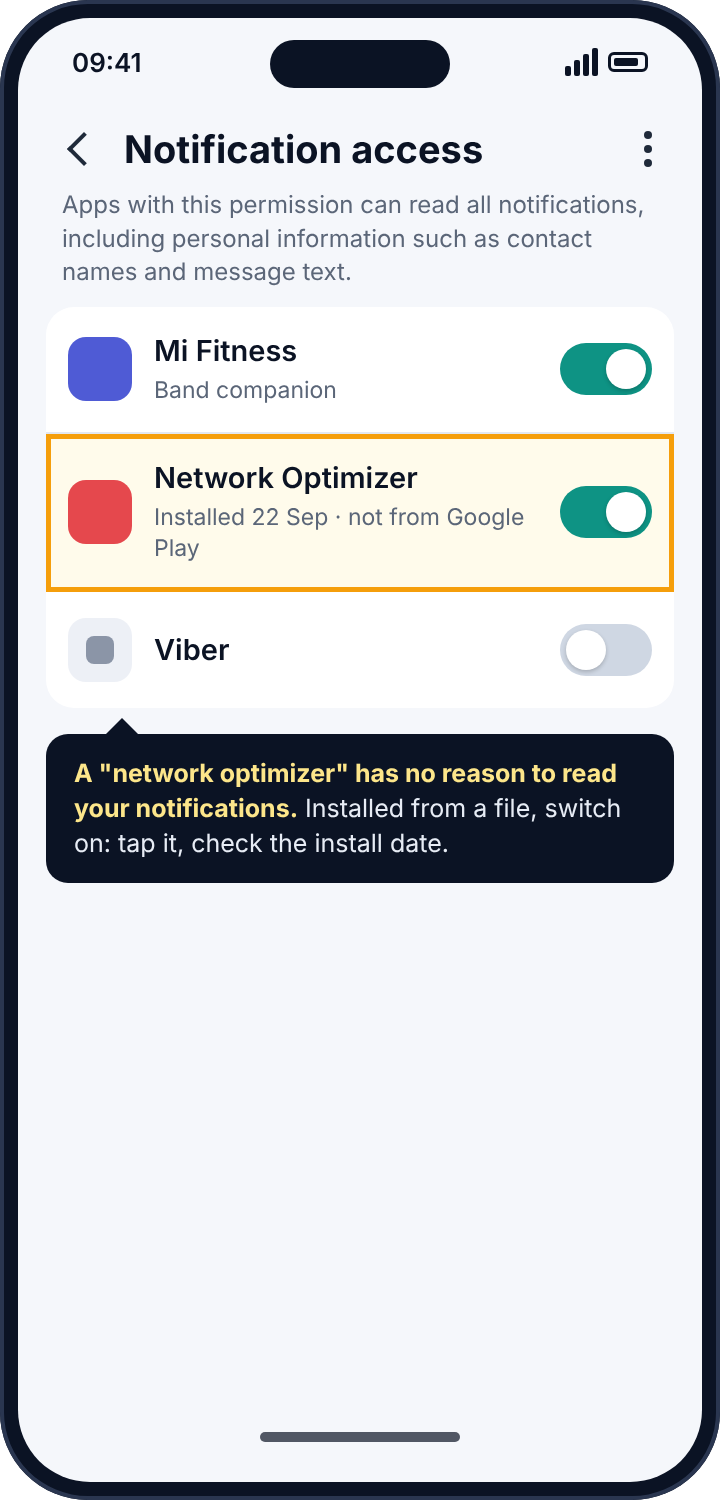 Android's Notification access screen with an app named Network Optimizer switched on and highlighted