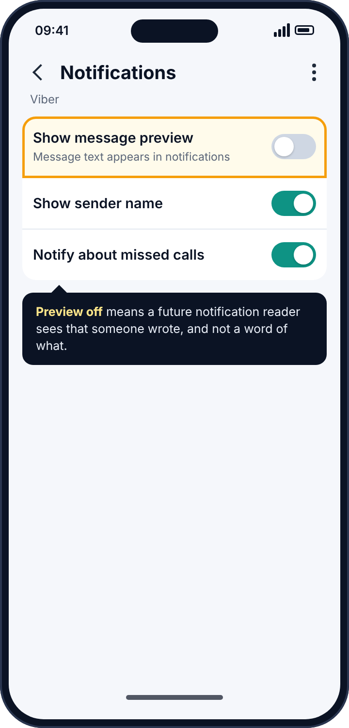 Viber's notification settings with Show message preview switched off