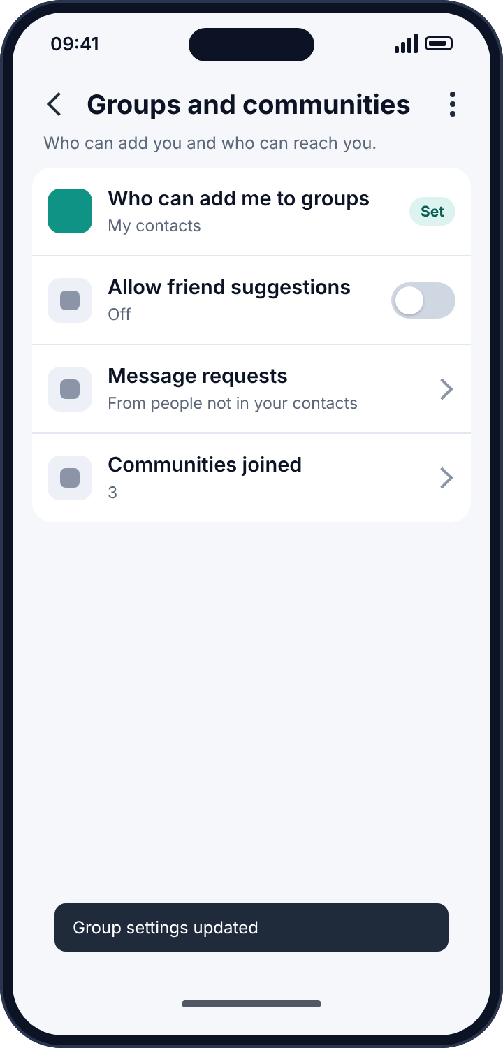 Viber's group and community settings with adding restricted to contacts and friend suggestions off