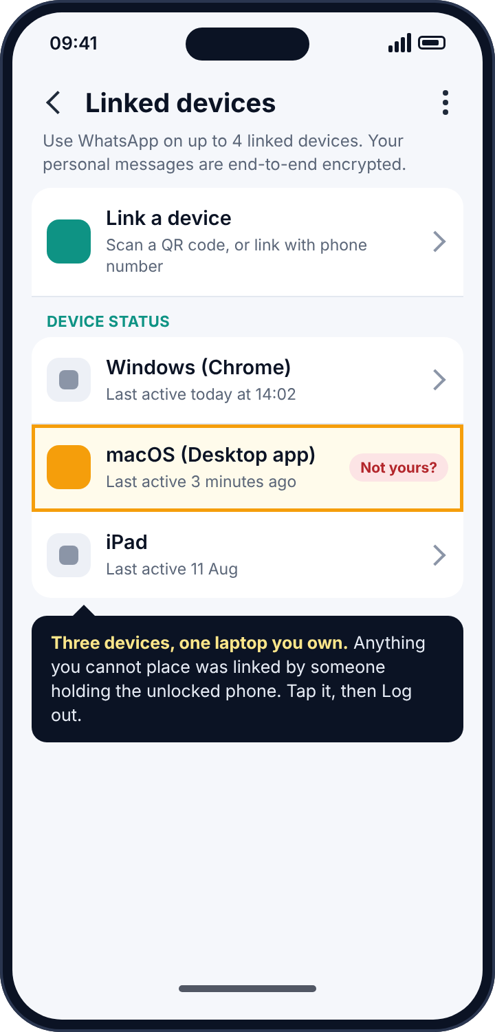 WhatsApp's Linked devices screen listing three devices, one of them highlighted as unrecognised