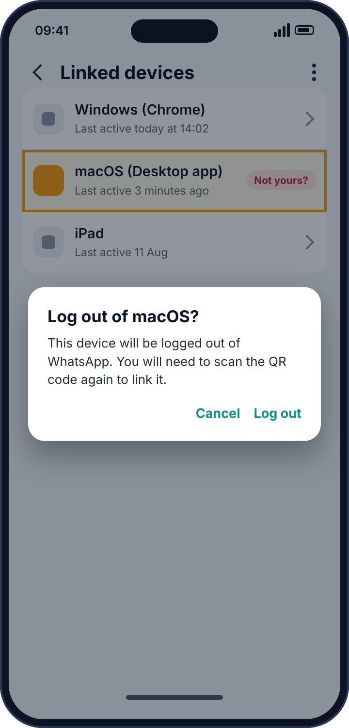 WhatsApp's confirmation dialog for logging out a linked device