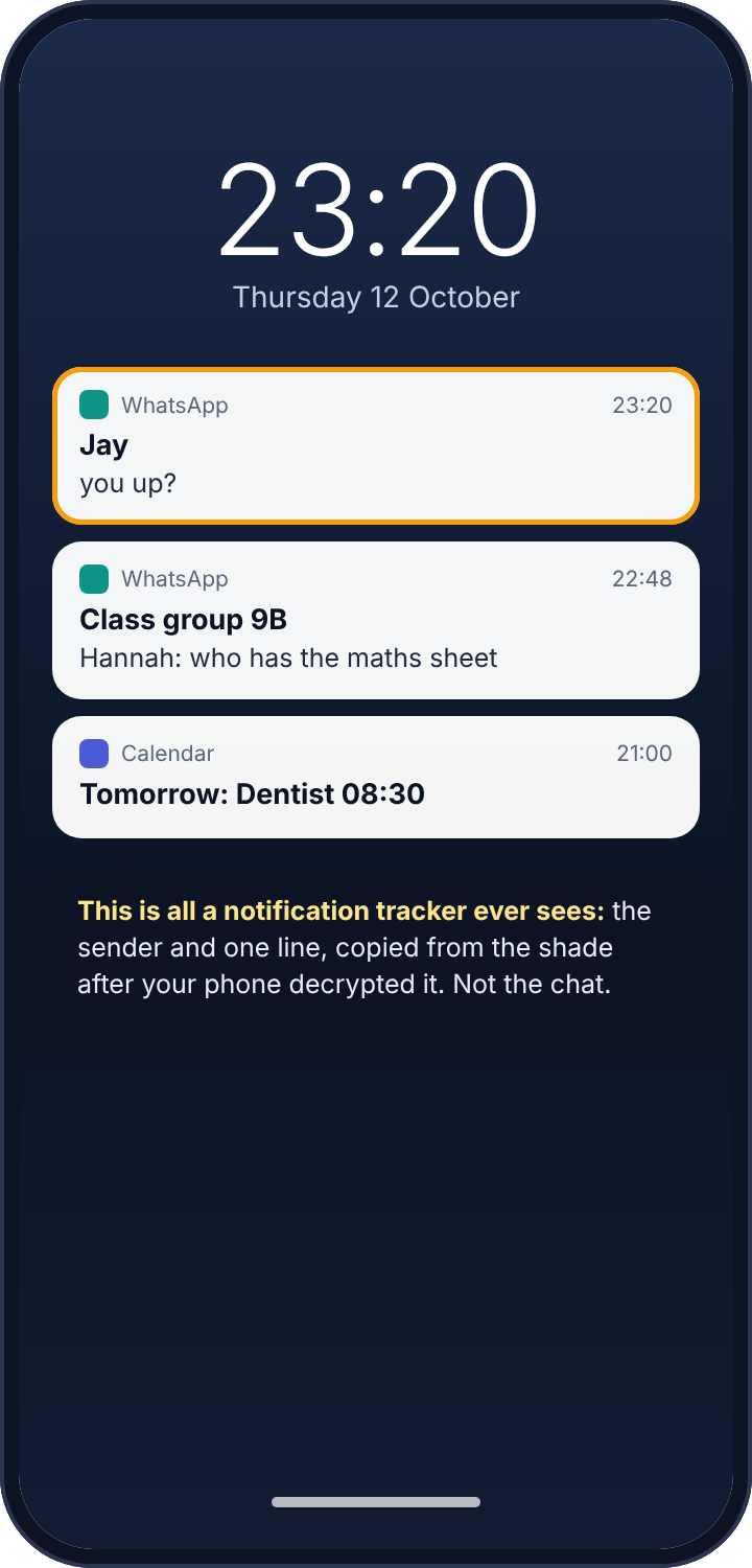 An Android lock screen with three notifications, one WhatsApp message highlighted
