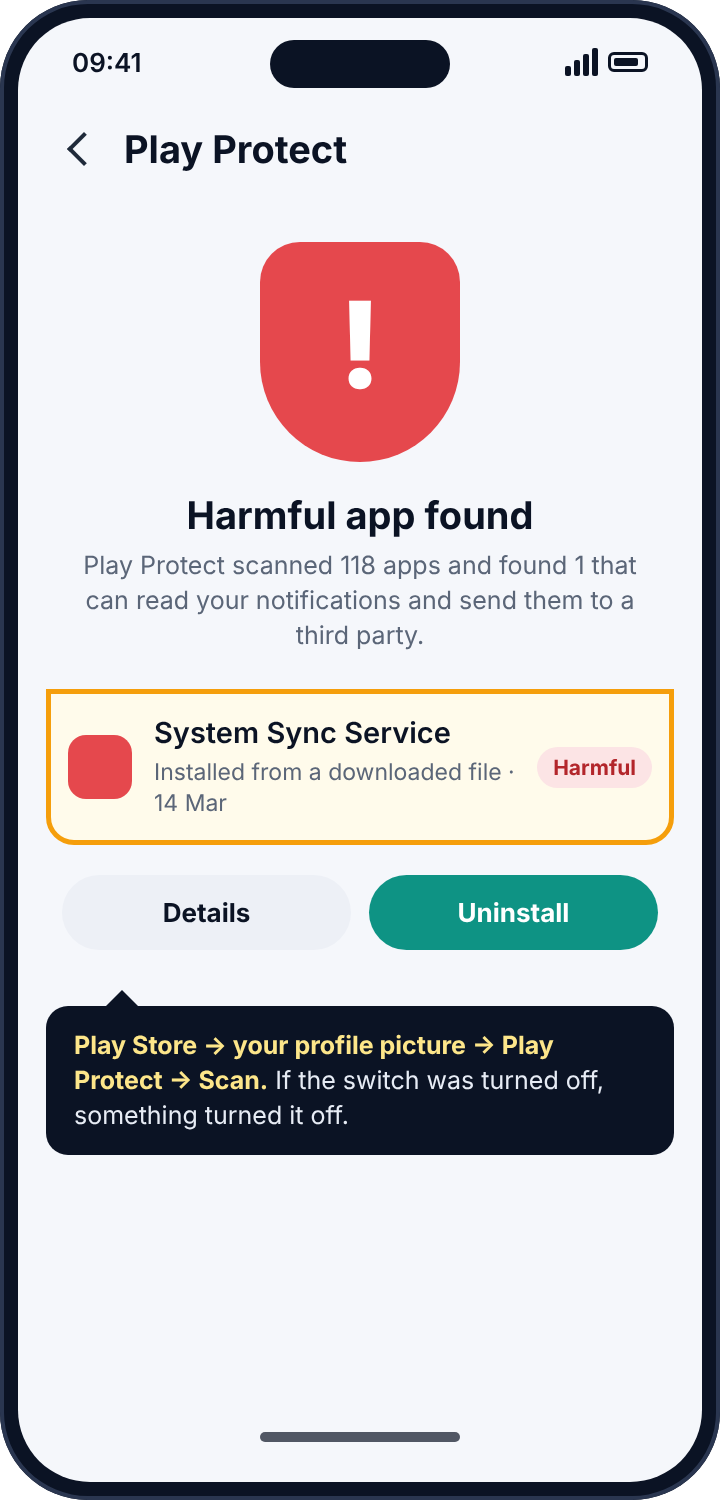 Google Play Protect scan result reporting one harmful app that can read notifications