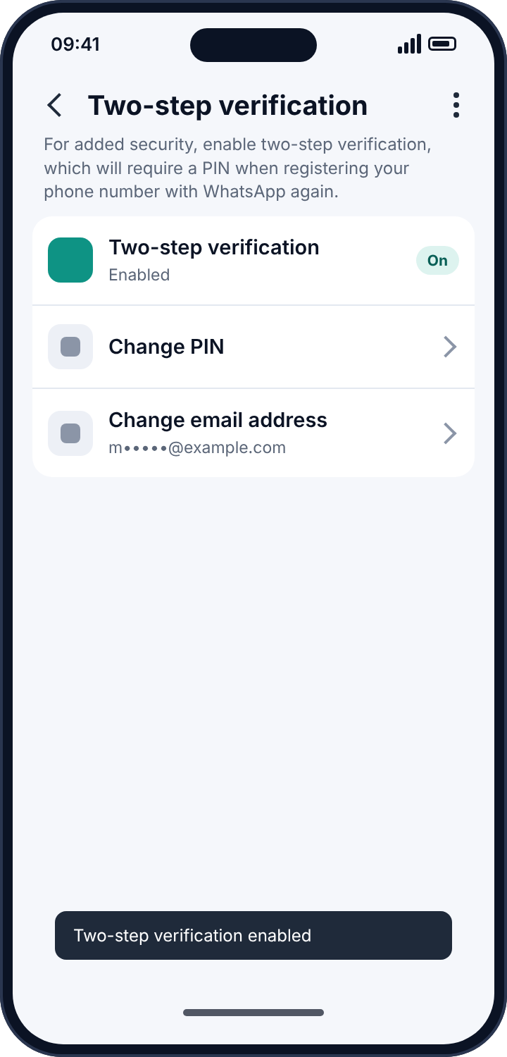WhatsApp's Two-step verification screen showing it enabled with a confirmation toast