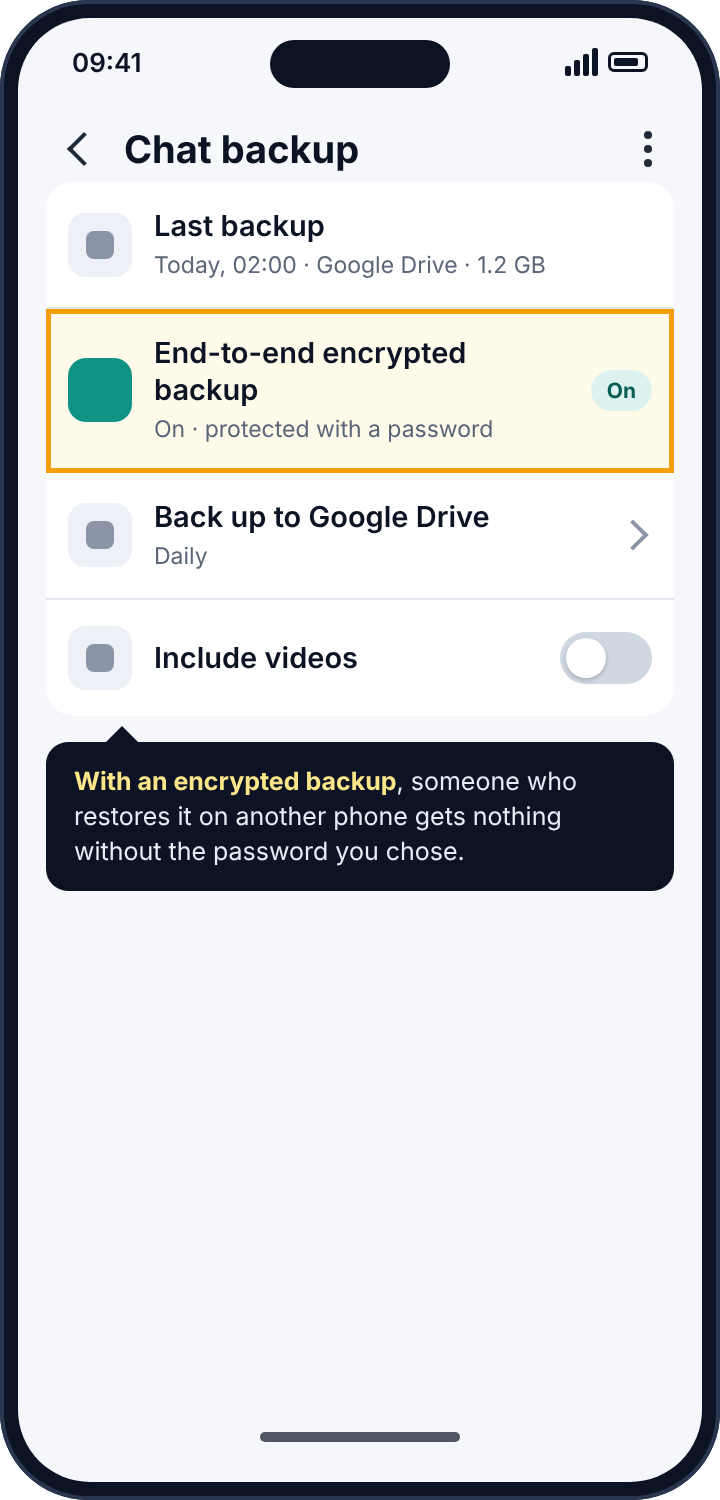 WhatsApp's Chat backup screen with end-to-end encrypted backup switched on
