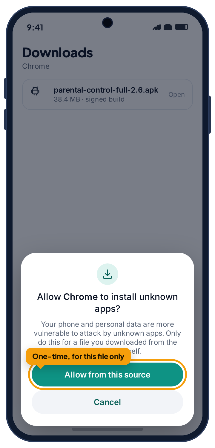 Android’s prompt asking whether to allow Chrome to install unknown apps, with the one-time option highlighted