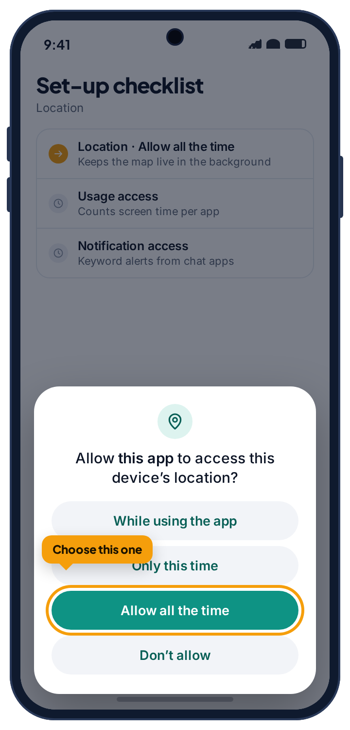 Android’s location permission dialog with “Allow all the time” highlighted and a note saying to choose that one