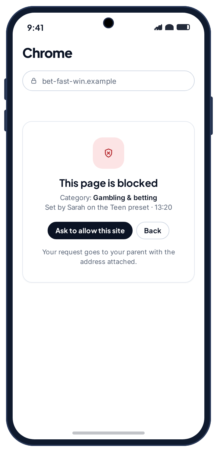 The block page on the child’s phone: this page is blocked, Gambling and betting, set by Sarah on the Teen preset, with an Ask to allow this site button