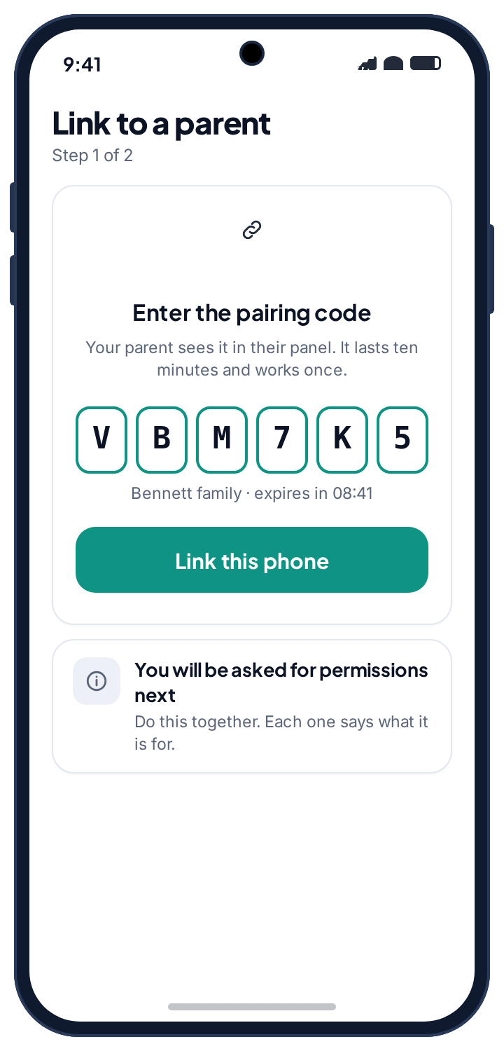 The child’s phone with the pairing code VBM7K5 typed into six boxes and a Link this phone button