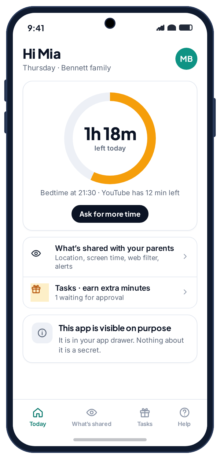 The child’s home screen with time left today and a note that the app is visible on purpose