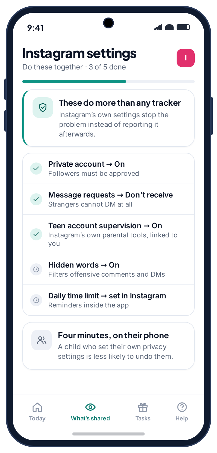 The Instagram settings checklist on the child’s phone: private account, message requests and teen supervision done, two to go