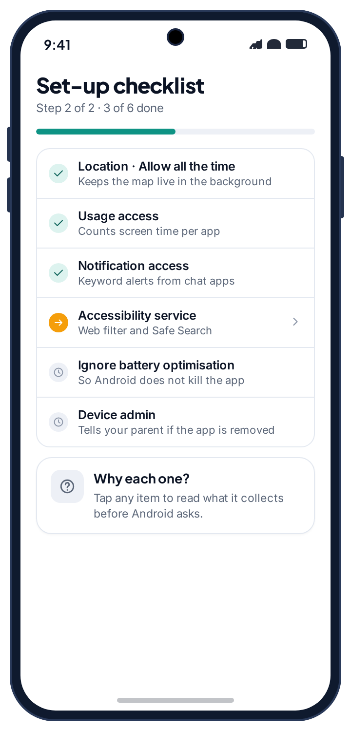 The set-up checklist on the child’s phone with notification access granted
