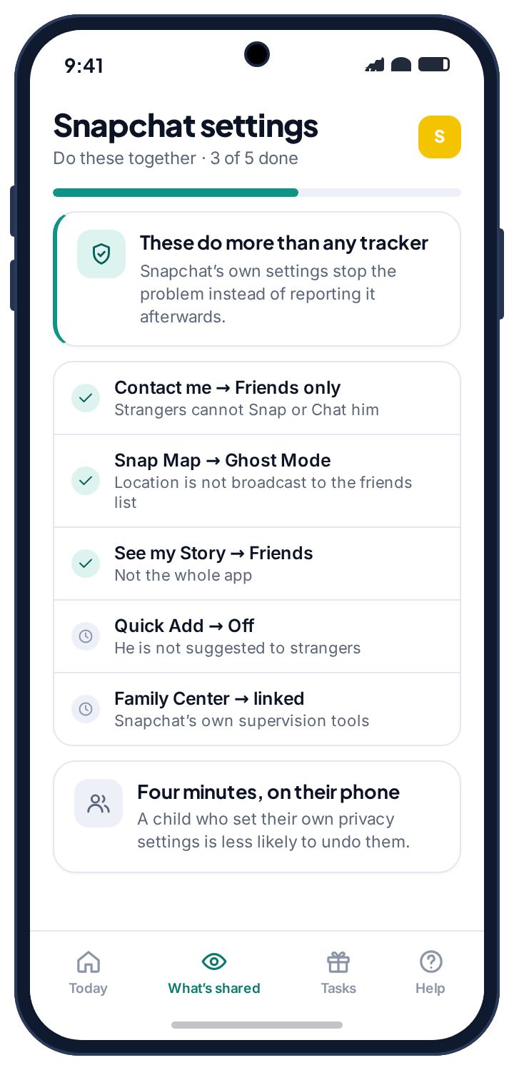 The Snapchat settings checklist on the child’s phone: Friends only, Ghost Mode and Story privacy done, Quick Add and Family Center to go