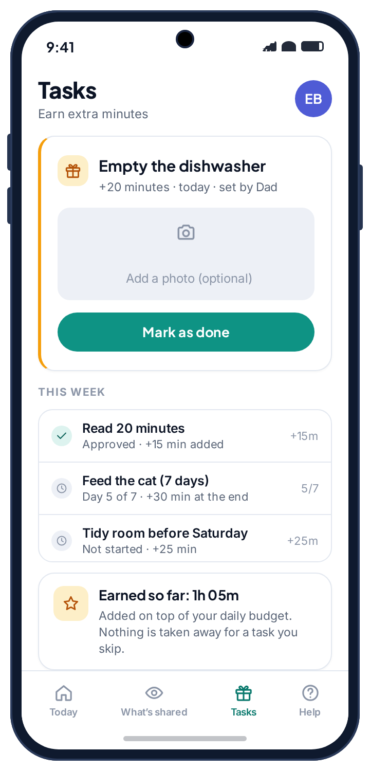 The child’s tasks screen: a chore with its value, an optional photo, a Mark as done button, and minutes earned so far