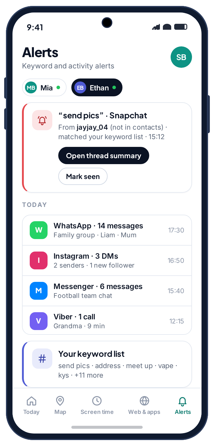 Alerts screen with a keyword match from Snapchat and today’s message counts per app