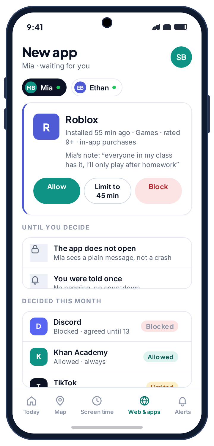 A parent's approval screen for a newly installed app, with Allow, Limit and Block options