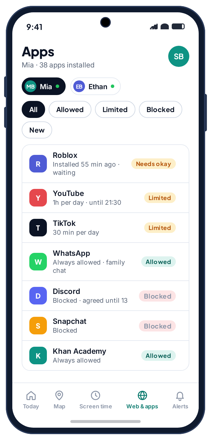 The apps list with allowed, limited and blocked states and a new install waiting for approval