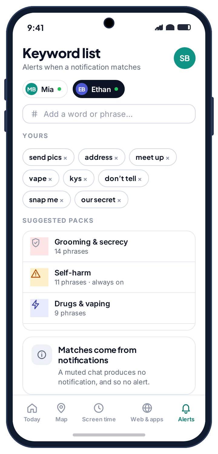 The keyword list editor with phrases and suggested packs